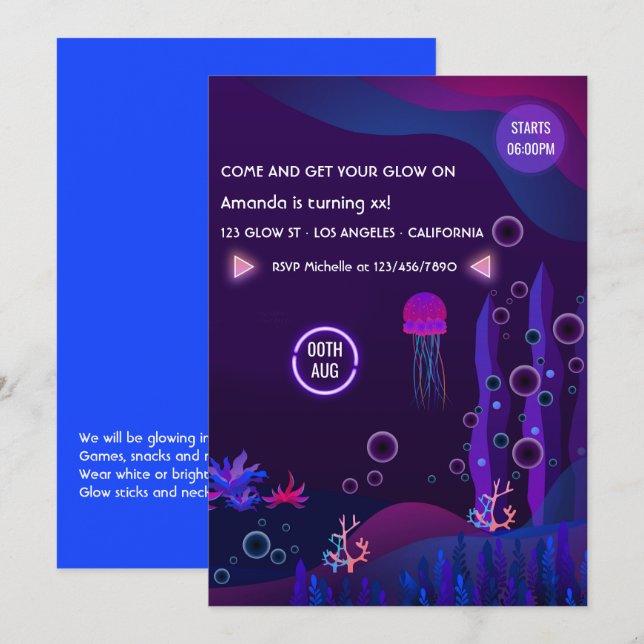Under the Sea Glow Birthday Party Invitation (Front/Back)