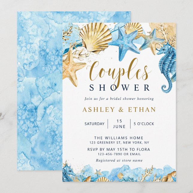 Under the Sea | Gold and Blue Couples Shower Invitation (Front/Back)