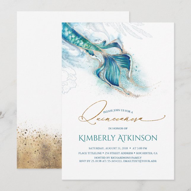 Under the Sea Gold Mermaid Tail Quinceanera Invitation (Front/Back)