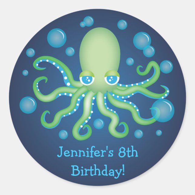 Under the Sea Green Octopus Birthday Stickers (Front)