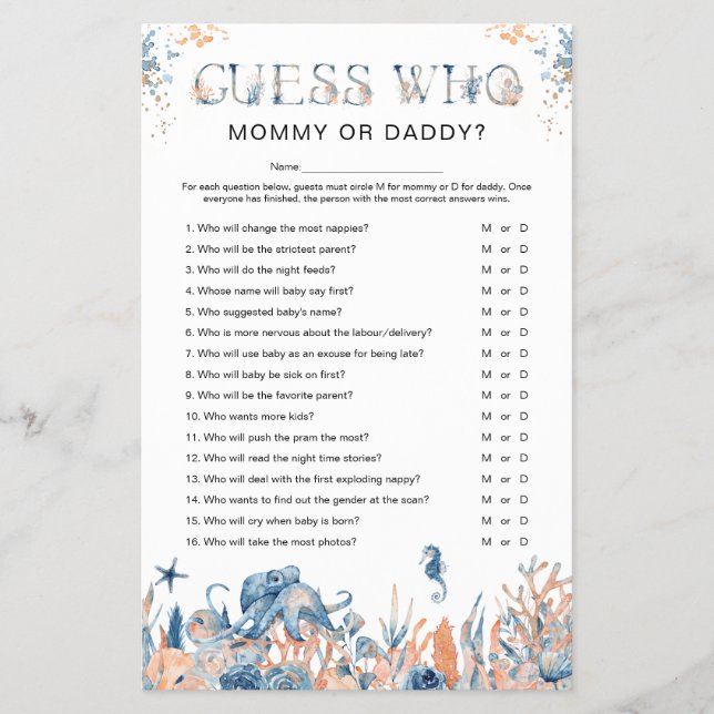 Under the Sea 'Guess Who' Baby Shower Game Flyer (Front)