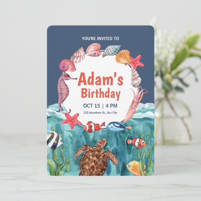 Under the Sea Invitation, Ocean Animals Birthday Invitation (Standing Front)