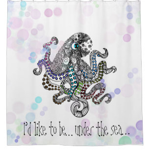 Under the sea line doodle octopus with bubbles shower curtain