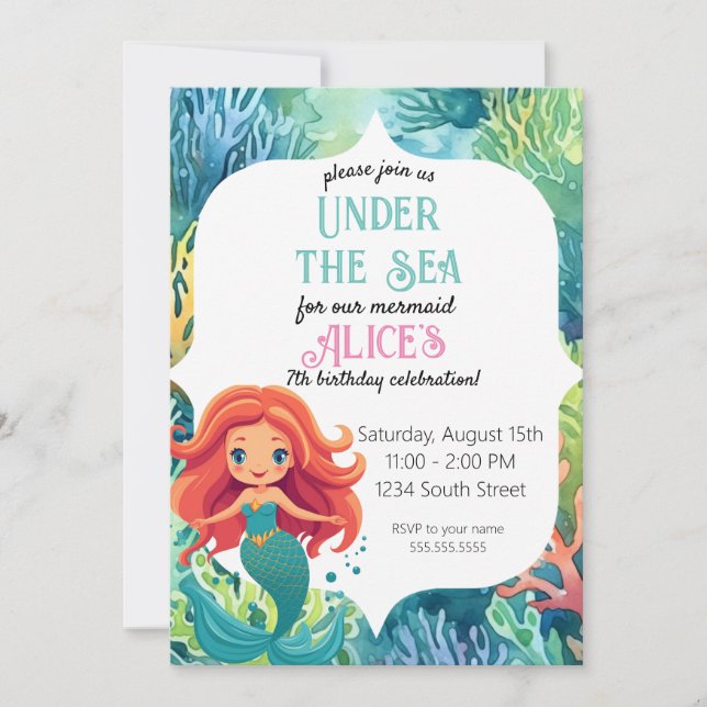 Under The Sea Little Mermaid Birthday Invitation (Front)