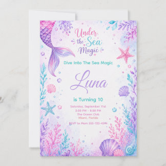 Under the Sea Magic Watercolor Mermaid Birthday Invitation