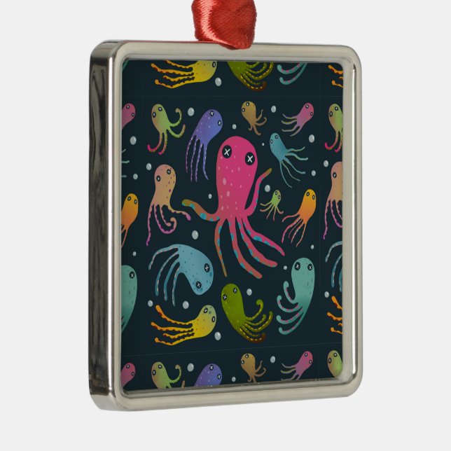 Under the Sea Marine Life Cartoon Dark Background Metal Ornament (Right)
