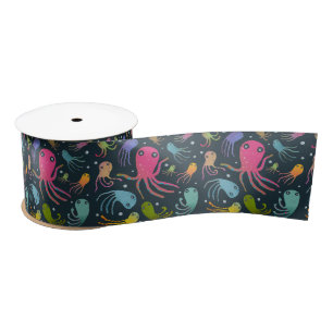 Under the Sea Marine Life Cartoon Dark Background  Satin Ribbon
