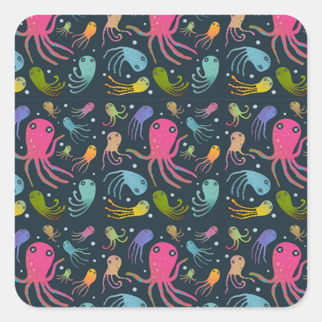 Under the Sea Marine Life Cartoon Dark Background  Square Sticker (Front)