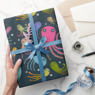 Under the Sea Marine Life Cartoon Dark Background Wrapping Paper