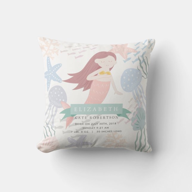 Under the Sea Mermaid Baby Birth Stats Cushion (Front)