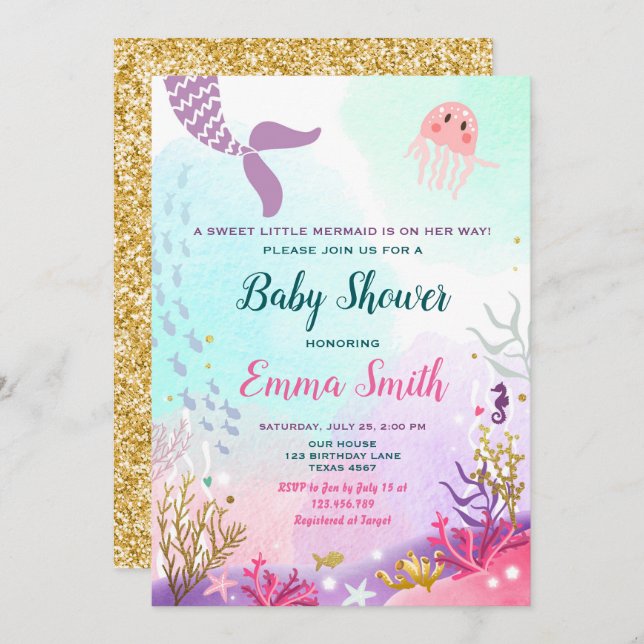 Under the Sea Mermaid Baby shower Invitation Girl (Front/Back)