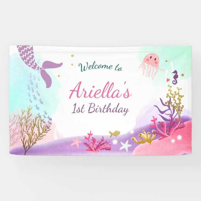 Under The Sea Mermaid birthday banner Pink Gold (Horizontal)