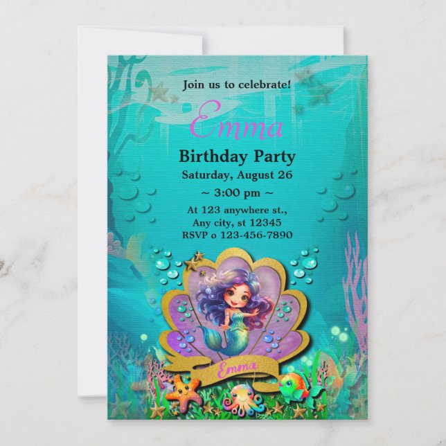 Under The Sea & Mermaid Birthday Girl Party Invitation (Front)