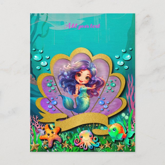 Under The Sea & Mermaid Birthday Girl Party Invitation Postcard (Front)