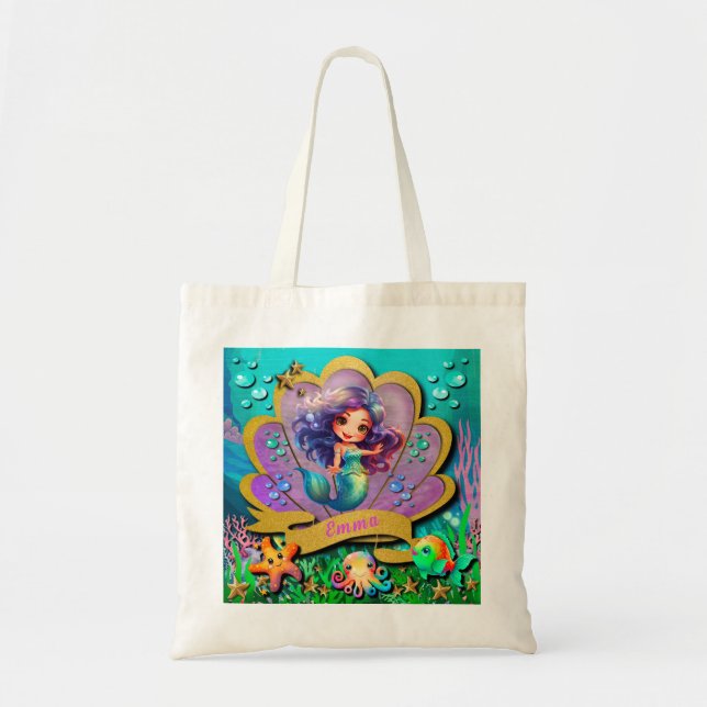 Under The Sea & Mermaid Birthday Girl Party Tote Bag (Front)