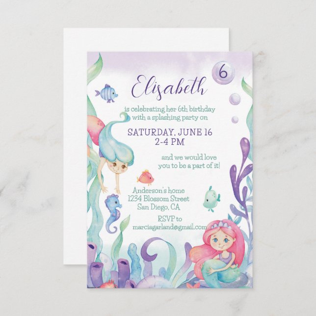Under the Sea Mermaid Birthday Invitation (Front/Back)