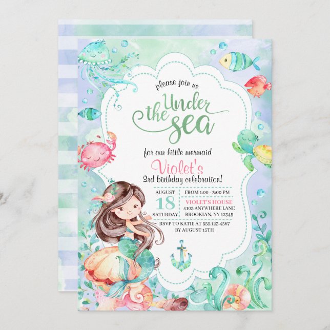 Under The Sea Mermaid Birthday Invitation (Front/Back)