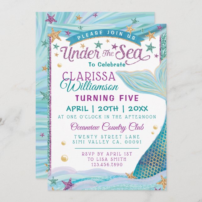 Under The Sea Mermaid Birthday Party Invitation (Front/Back)