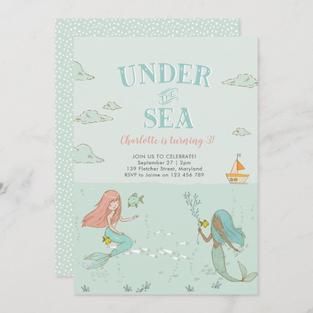 Under the Sea Mermaid Birthday party Invitation (Front/Back)