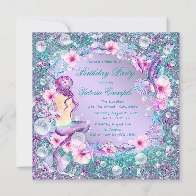 Under the Sea Mermaid Birthday Party Invitations (Front)