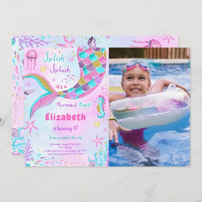 Under The Sea Mermaid Birthday Photo Invitation (Front/Back)