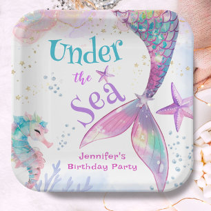 Under The Sea Mermaid Birthday Pink Purple Paper Plate