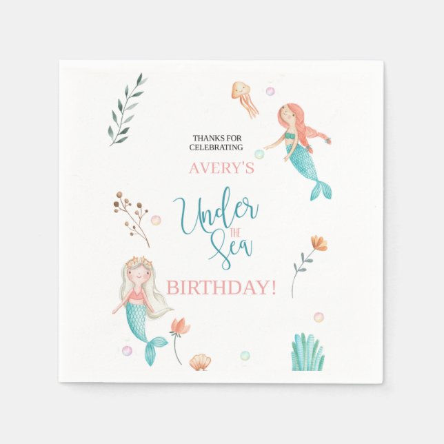 UNDER THE SEA, MERMAID BIRTHDAY,WATERCOLOR MERMAID NAPKIN (Front)