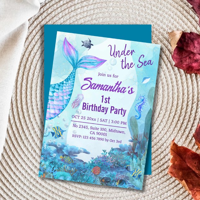 Under the sea mermaid blue & purple 1st birthday invitation (Creator Uploaded)