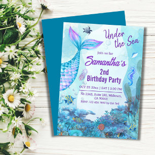 Under the sea mermaid blue & purple 2nd birthday invitation