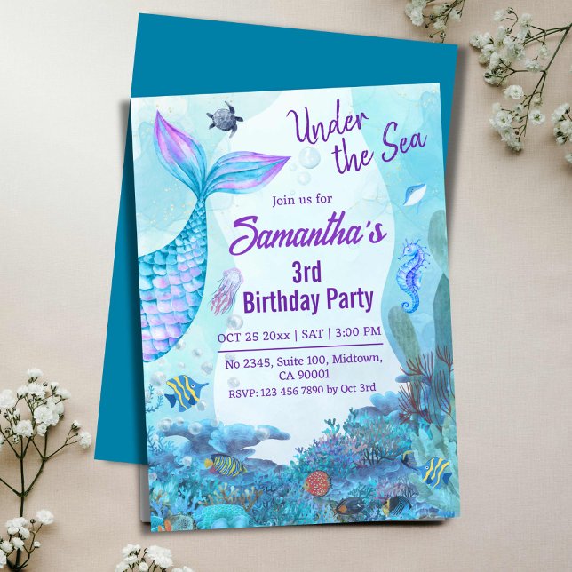 Under the sea mermaid blue & purple 3rd birthday invitation (Creator Uploaded)