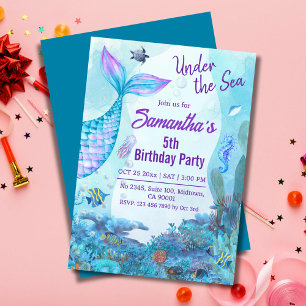Under the sea mermaid blue & purple 5th birthday invitation
