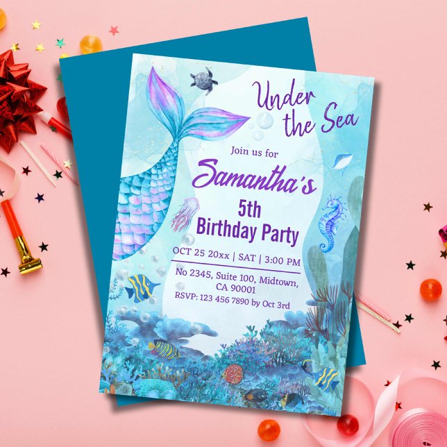 Under the sea mermaid blue & purple 5th birthday invitation (Creator Uploaded)