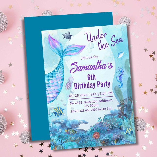 Under the sea mermaid blue & purple 6th birthday  invitation (Creator Uploaded)