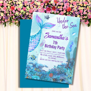 Under the sea mermaid blue & purple 7th birthday invitation