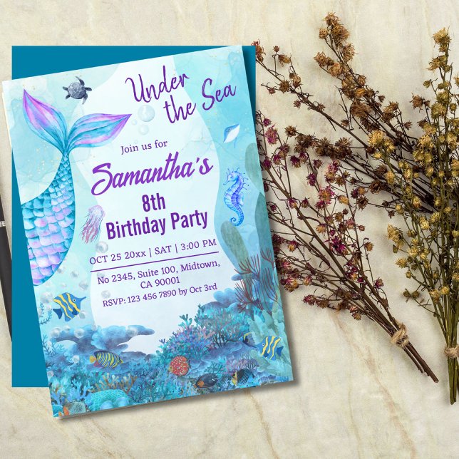Under the sea mermaid blue & purple 8th birthday invitation (Creator Uploaded)