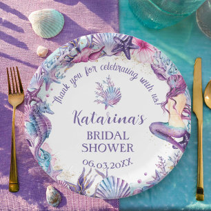 Under the Sea Mermaid Bridal Shower Purple Pink Paper Plate