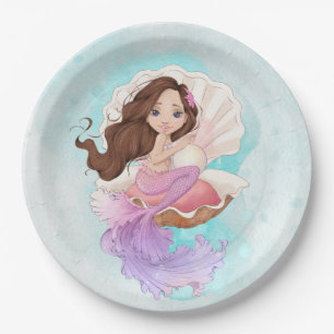 Under the Sea Mermaid (Brunette) in Oyster Shell Paper Plate