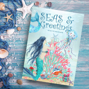 Under the Sea Mermaid Coral Christmas Tree Holiday Card