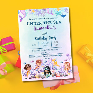 Under the sea mermaid cute kids blue 1st birthday invitation