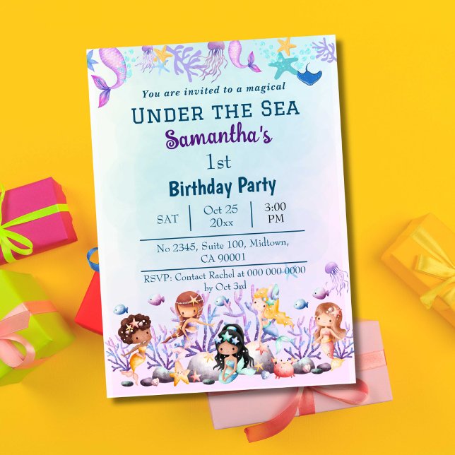 Under the sea mermaid cute kids blue 1st birthday invitation (Creator Uploaded)