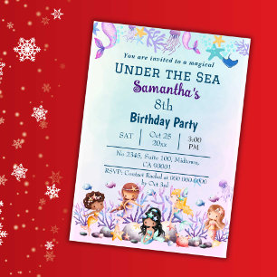 Under the sea mermaid cute kids blue 8th birthday invitation