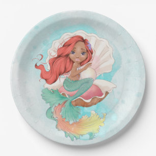 Under the Sea Mermaid (Dark Skin) in Oyster Shell  Paper Plate