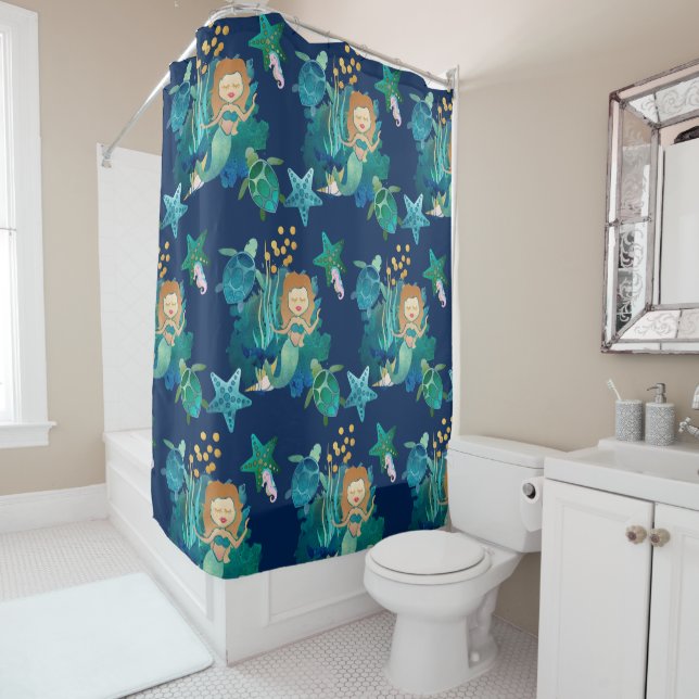Under the Sea Mermaid Fantasy Blue Shower Curtain (In Situ)