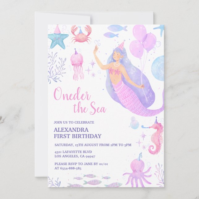 Under the Sea Mermaid Girl 1st Birthday Pastel  Invitation (Front)
