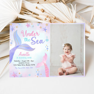 Under The Sea Mermaid Girl 1st Birthday Photo Invitation