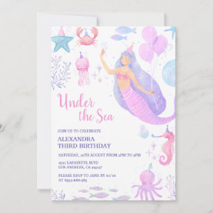 Under the Sea Mermaid Girl 3rd Birthday Pastel Invitation
