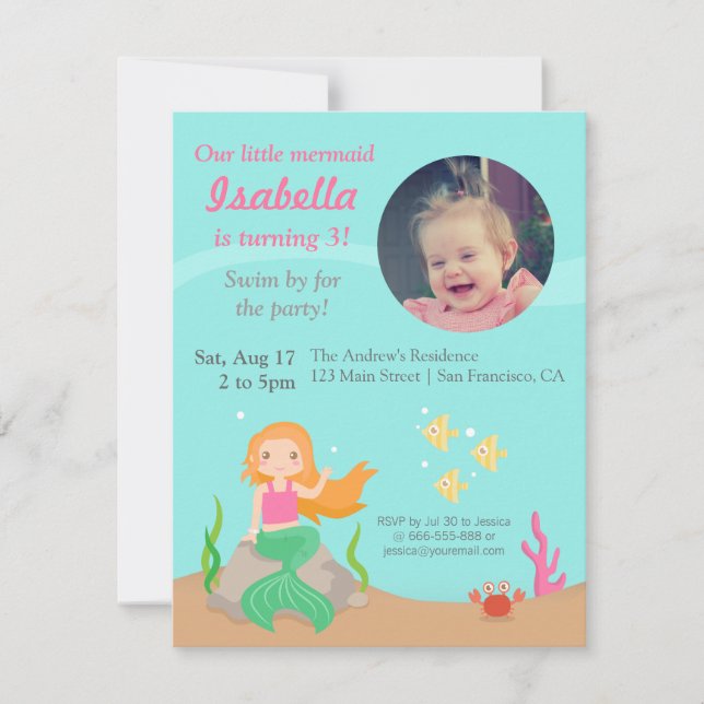 Under the Sea,Mermaid Girl Birthday Party Photo Invitation (Front)