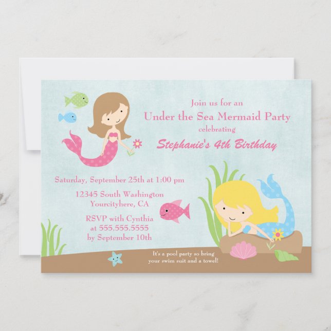 Under the sea mermaid girl's birthday party invite (Front)