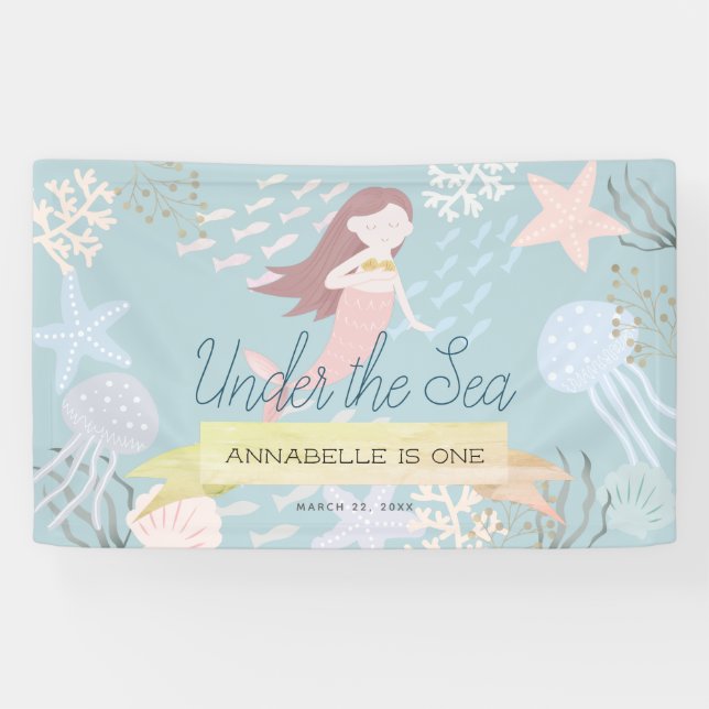 Under the Sea Mermaid Light Sea Green Birthday Banner (Horizontal)