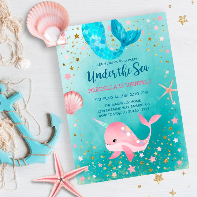 Under the Sea Mermaid Narwhal Birthday Invitation (Creator Uploaded)